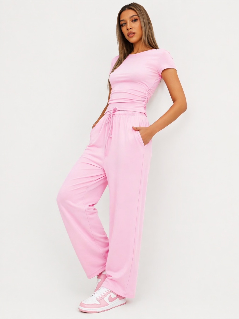 Wide Leg Drawstring Lounge Pants set- Pink
